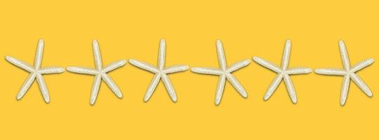 Starfish in a row in the middle on a yellow background. Banner. The idea of rest, beach, tourism. Copy space photo