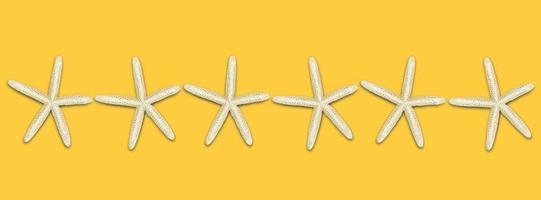 Starfish in a row in the middle on a yellow background. Banner. The idea of rest, beach, tourism. Copy space photo