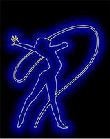 dibujo amarillo de contorno de una gimnasta con cinta adhesiva sobre un fondo negro, brillo azul foto