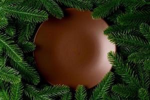Top view served plate with green fir tree branches. Holiday dinner concept with copy space photo