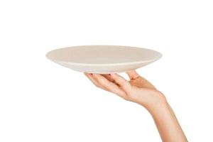 Blank empty round gray matte plate in female hand. perspective view, isolated on white background photo