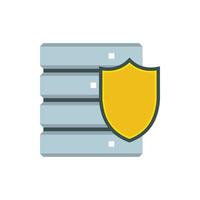 Database with yellow shield icon, flat style vector