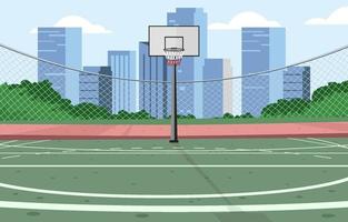 patio de juegos de baloncesto al aire libre con concepto de vista de la ciudad vector