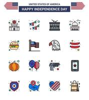 Modern Set of 16 Flat Filled Lines and symbols on USA Independence Day such as usa house garland building parade Editable USA Day Vector Design Elements