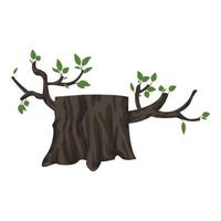 Tree stump with green leafs icon, cartoon style vector