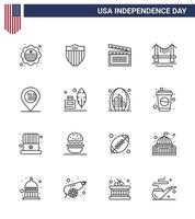 Set of 16 Modern Lines pack on USA Independence Day location cityscape american city bridge Editable USA Day Vector Design Elements