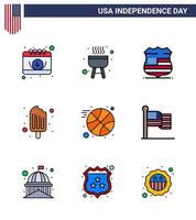 USA Happy Independence DayPictogram Set of 9 Simple Flat Filled Lines of sports basketball sign ice cream cream Editable USA Day Vector Design Elements