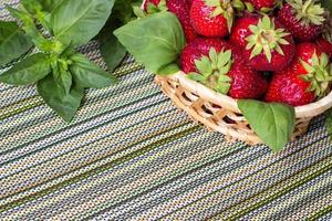 Ripe sweet strawberries in wicker basket and mint leaves. photo