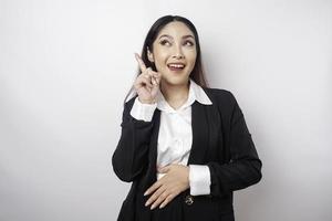 Photo of hungry excited young woman wondering about yummy food isolated on white color background