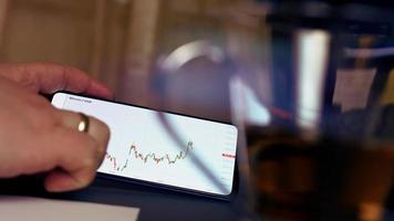 Bitcoin cryptocurrency price graph chart on mobile phone screen, cryptocurrency future price prediction concept video