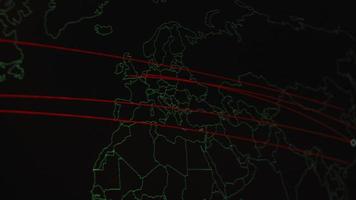 Weltkarte mit verschiedenen Zielen für Cyberangriffe. hacking- und technologiekonzept. Makroaufnahmen mit Monitorpixeln video