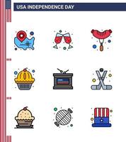 9 paquete de línea plana llena de estados unidos de signos y símbolos del día de la independencia de muffin de pastel de comida de tambor independiente elementos de diseño de vector de día de estados unidos editables