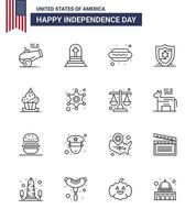 4th July USA Happy Independence Day Icon Symbols Group of 16 Modern Lines of muffin cake hot dog shield american Editable USA Day Vector Design Elements
