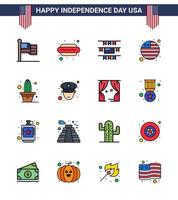 Flat Filled Line Pack of 16 USA Independence Day Symbols of pot flower buntings cactus flag Editable USA Day Vector Design Elements