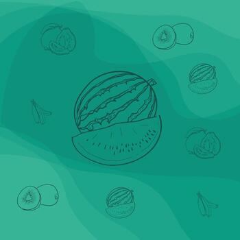 Print pattern of fruits with big watermelon in center design and green background vector