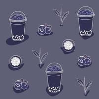 fondo de patrón de impresión de diseño de té de burbujas de arándanos para diseño de publicidad de bebidas vector