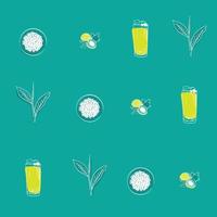 Print background with Lychee, tea leaf, tapioca pearl and bubble tea line art for drink background vector