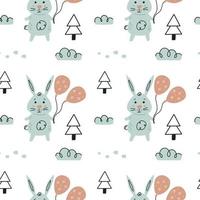 Cute rabbit in a winter forest seamless pattern. Doodle bunny Paper Baby Shower Scandinavian wallpaper background. Textile fabric design for kids vector