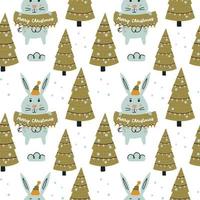 Greeting rabbit with Christmas trees pattern vector