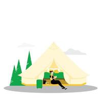 Woman reading book inside tent vector
