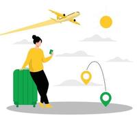 Woman tracking plane location using mobile app vector