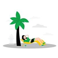 Woman enjoying sunbath under coconut tree vector