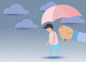 el hombre solitario, triste y deprimido tiene ayuda para protegerse con la mano grande, use un paraguas para protegerse de la lluvia y el strom. vector