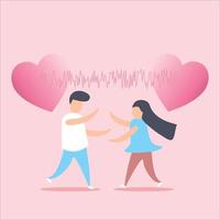 una pareja encantadora y alegre con un corazón de señal juntos para mejorar el amor en la pancarta del día de san valentín. decoración para el diseño de amor para el festival de san valentín fondo rosa. estilo de arte de papel de ilustración vectorial. vector