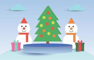 Vector podium of christmas day with snowman ,christmas tree and gift box. Illustration vector of Podium christmas day giftbox background sale concept. Use podium for X mas day festival , winter sale.