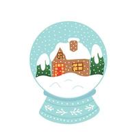 Christmas glass ball vector illustration with winter house and snow. Christmas card with snow ball and winter landscape vector illustration