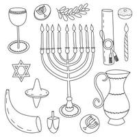 Hanukkah design elements doodle set. Menorah, candles, dreidel, coins, oil pitcher,  sufganiyan and Jewish star vector illustration