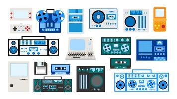 Set of old retro vintage hipster tech electronics cassette audio tape recorder, computer, game consoles for video games from the 70s, 80s, 90s. Vector illustration