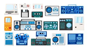 Set of old retro vintage hipster tech electronics cassette audio tape recorder, computer, game consoles for video games from the 70s, 80s, 90s. Vector illustration