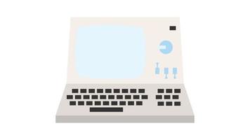 Old retro vintage hipster computer, pc with monitor and keyboard from 70s, 80s, 90s. Beautiful white icon. Vector illustration