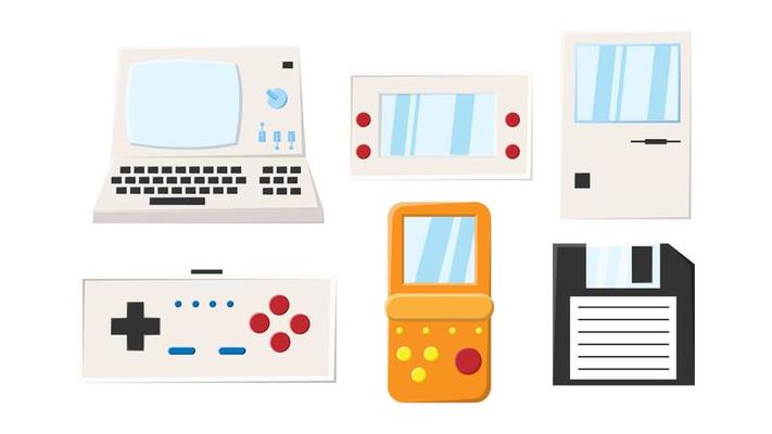Set of old retro vintage hipster technology electronics computer, pc, floppy floppy disk, game portable video game consoles from 70s, 80s, 90s. Vector illustration