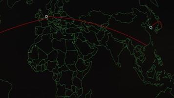 carte du monde avec différentes cibles de cyberattaque. concept de piratage et de technologie. prise de vue macro aux pixels du moniteur video