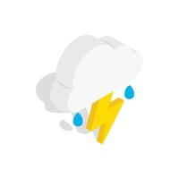 White cloud with lightning and rain drops icon vector