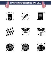 Editable Vector Line Pack of USA Day 9 Simple Solid Glyphs of sausage food file party bulb buntings Editable USA Day Vector Design Elements