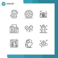 Pack of 9 Modern Outlines Signs and Symbols for Web Print Media such as confectionery smartphone photo payment digital Editable Vector Design Elements