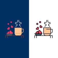 taza de té corazones amor boda iconos planos y llenos de línea conjunto de iconos vector fondo azul