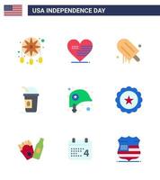 Flat Pack of 9 USA Independence Day Symbols of helmet states icecream limonade america Editable USA Day Vector Design Elements