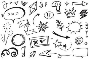 Abstract arrows, ribbons, fireworks, hearts, lightning,love , leaf, stars, cone, crowns and other elements in a hand drawn style for concept designs. Scribble illustration. vector