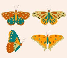 conjunto de mariposas hippie retro de los años 60 y 70 para tarjetas, pegatinas o diseño de afiches. ilustración vectorial plana vector