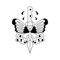 Butterfly with knife tattoo in y2k, 1990s, 2000s style. Emo goth element design. Old school tattoo. Vector illustration