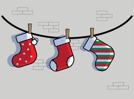 christmas sock hanging on wire in the wall of chimney cartoon flat design style vector