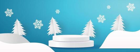 Christmas Winter Product podium snowflakes and snow Vector illustration sale product banner forested landscape paper 3d