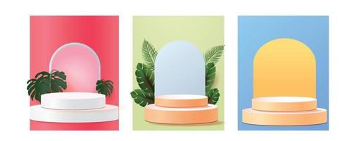 set 3d geometric podium mockup leaf tropical netural concept for showcase green background Abstract minimal scene product presentation vector