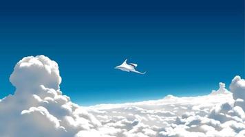 a futuristic airplane flying over a cloudscape at a high altitude vector