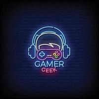 Neon Sign gamer geek with brick wall background vector