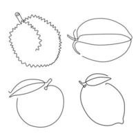 arte de línea y elemento de símbolo de fruta de dibujo continuo para logotipo y diseño imprimible durian, carambola, naranja y limón vector